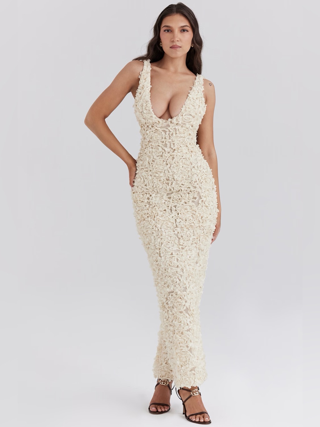 House Of Cb -Carena Creme Plunge Floral Appliqu Maxi Dress